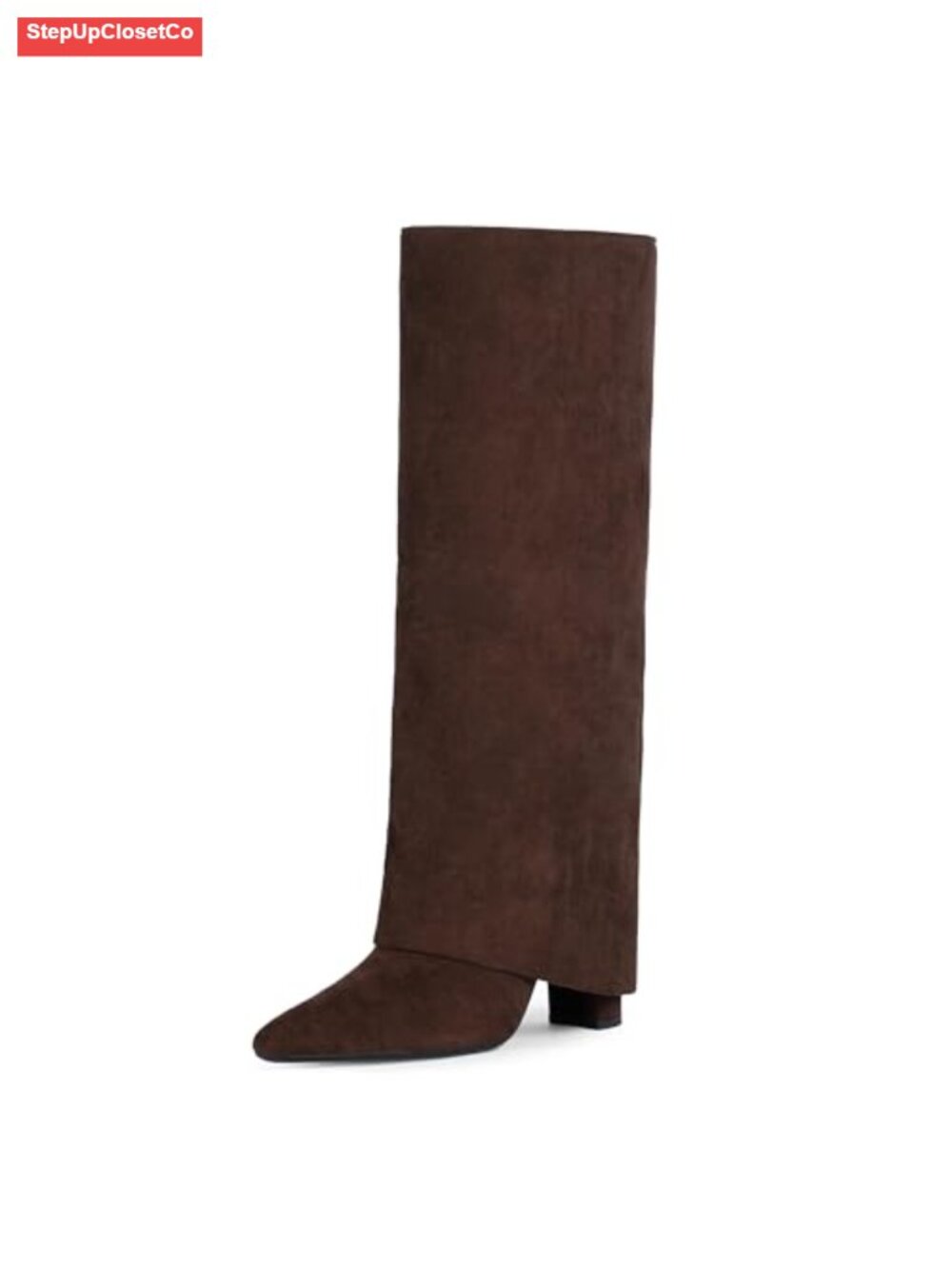 Fold Over Knee High Boots Chunky Heel Pointed Toe Tall Womens Faux Suede
